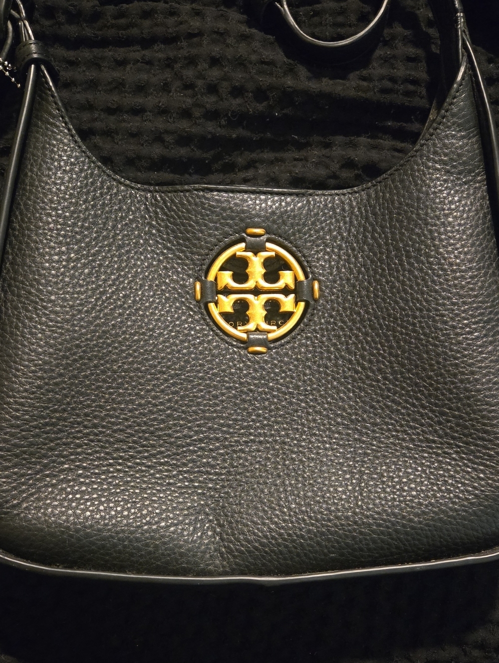 Tory Burch Black Pebbled Leather Shoulder Hobo with Gold Emblem